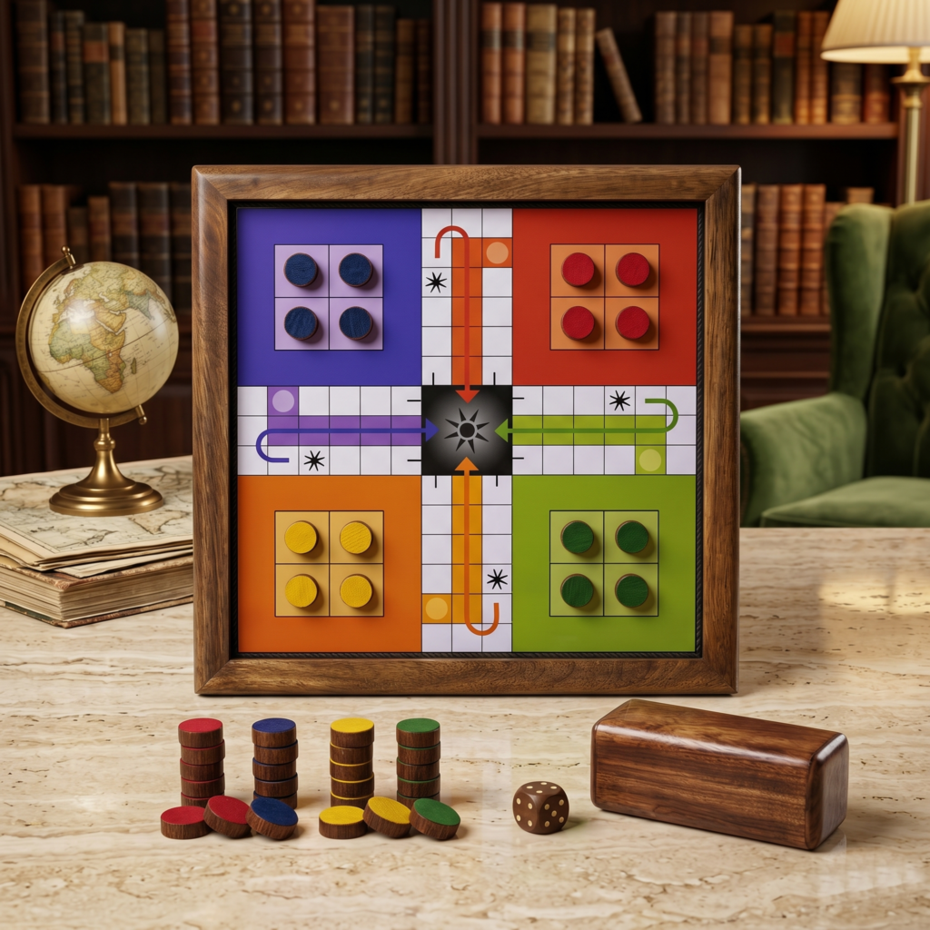 Magnetic 2-in-1 Ludo & Snakes and Ladders Board Game | Premium Antique Wood | Reversible & Portable Travel Set (13 Inches)